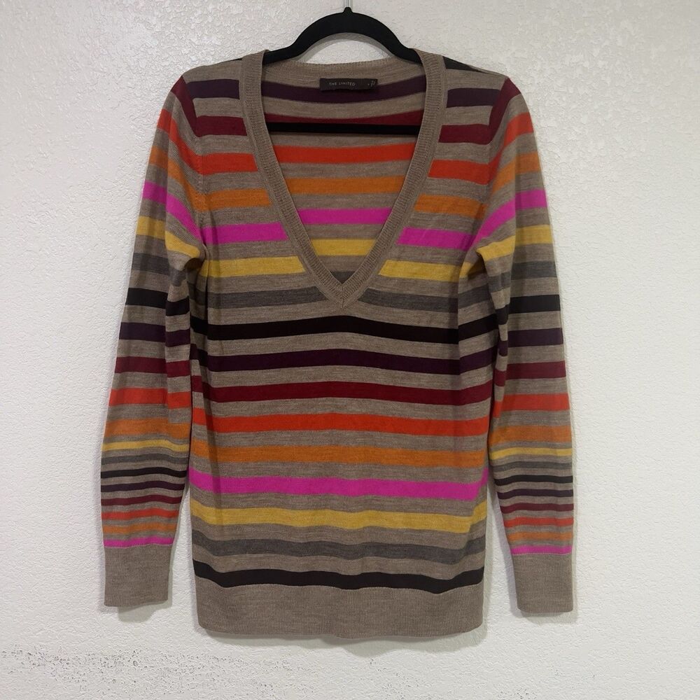 The Limited Sweater Women's L Classic Striped Preppy Merino Wool Blend V-Neck T1